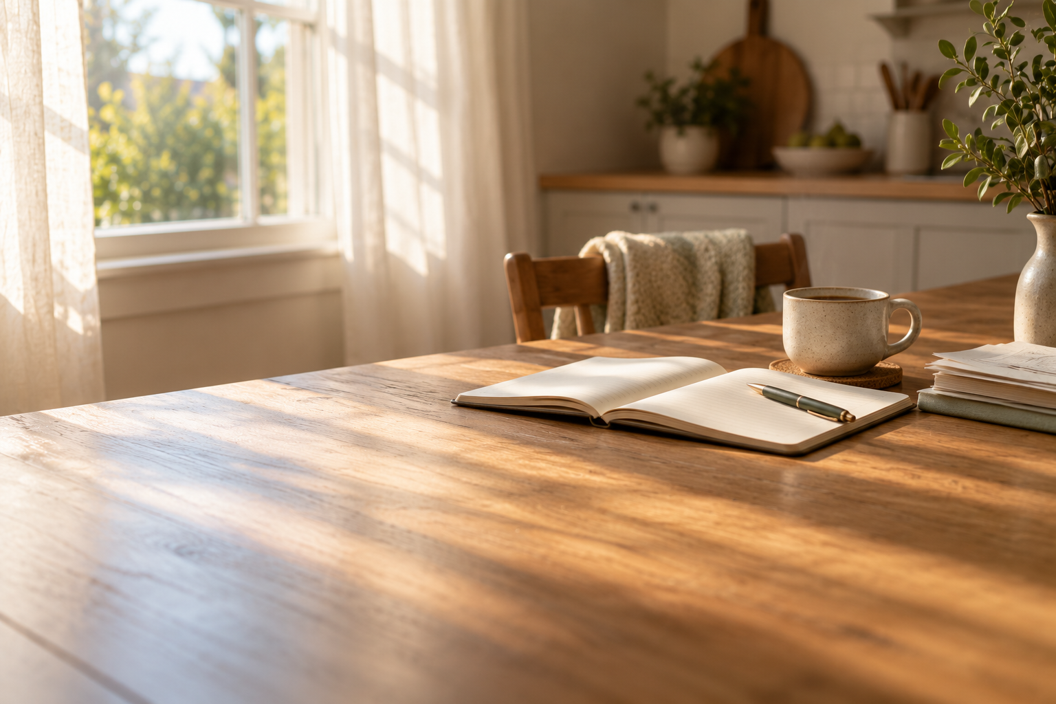 A kitchen table in morning light with an open notebook, a pen and a cup of coffee